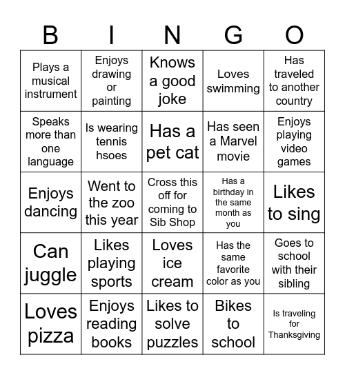 human bingo Card