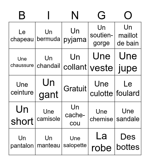Les vêtements Bingo Card