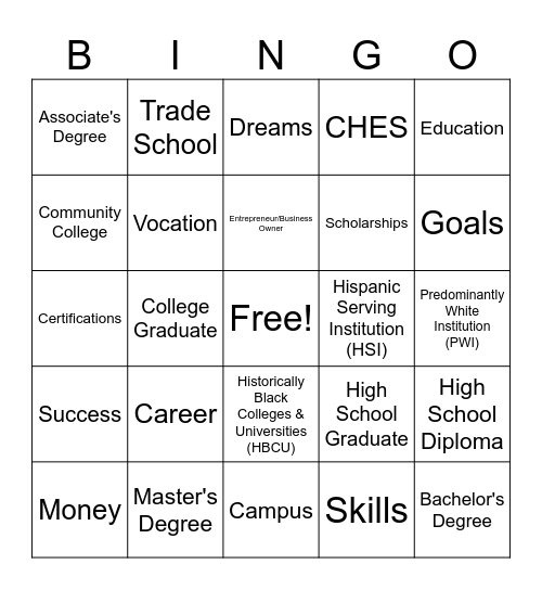 CHES College & Career Ready Bingo Card