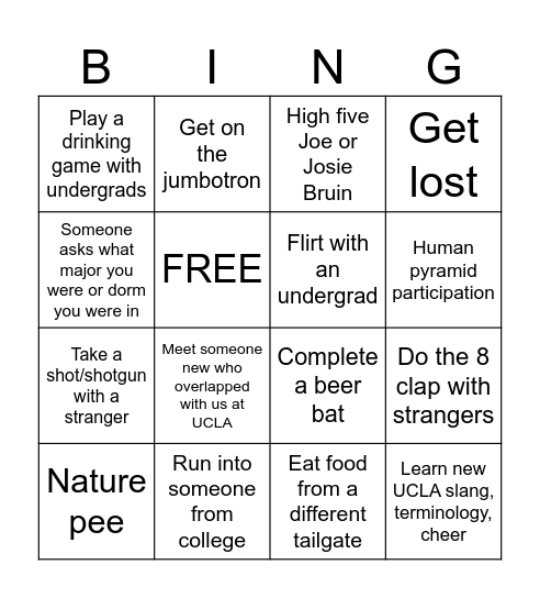 UCLA tailgate bingo Card