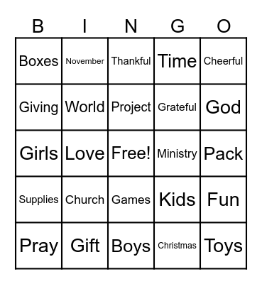 Samaritan’s Purse Bingo Card