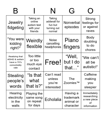 Neurodivergent Bingo Card