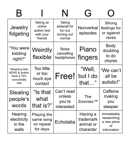 Neurodivergent Bingo Card