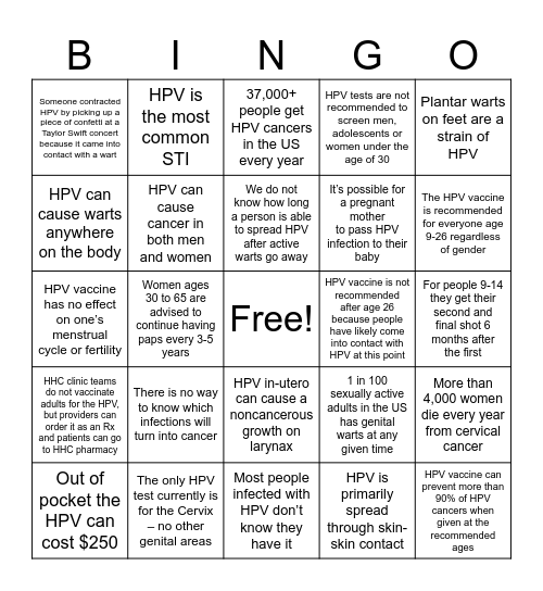 HPV Bingo Card