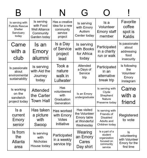 Emory Cares Day Bingo Card