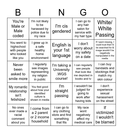 PRIVILEGE BINGO Card