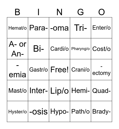 Basic Med Terms Bingo Card