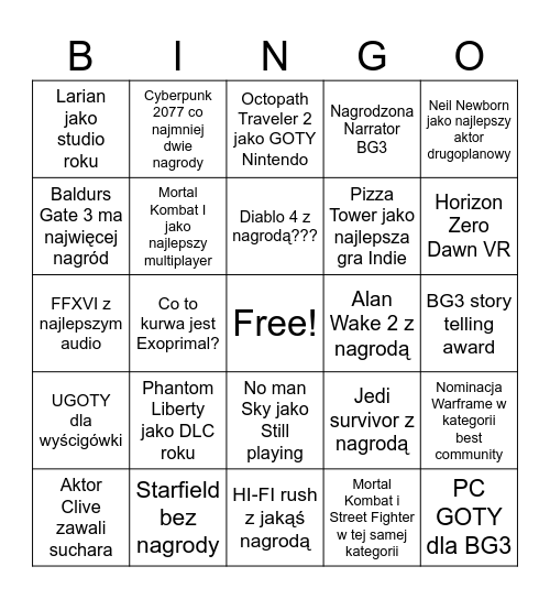 Golden Joystick Bingo Card