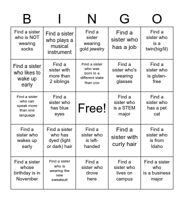 FIND A SISTER WHO Bingo Card