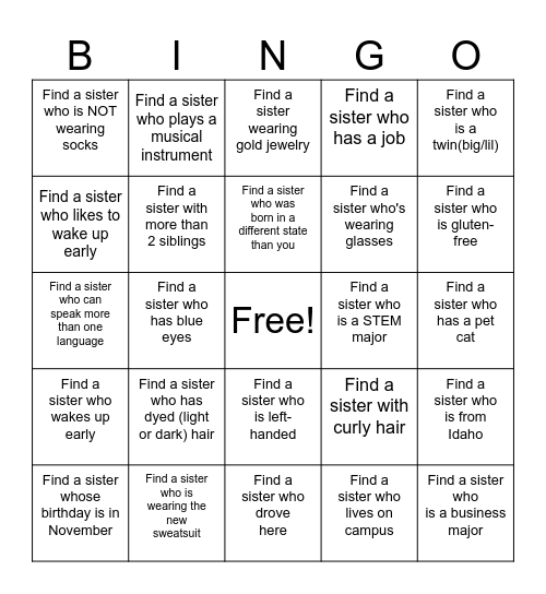 FIND A SISTER WHO Bingo Card