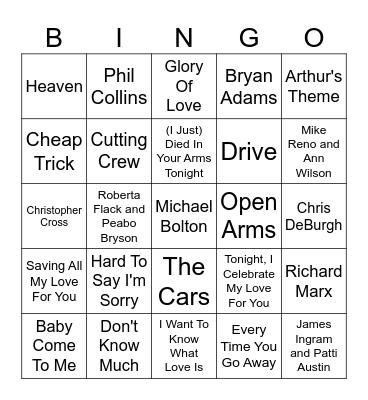 80's Love Songs Bingo Card