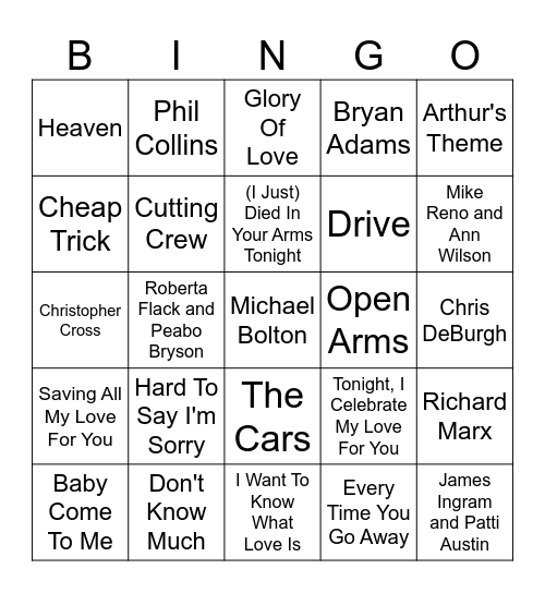 80's Love Songs Bingo Card