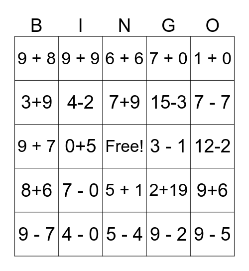 Math Addition and Subtraction Bingo Card