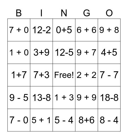 Math Addition and Subtraction Bingo Card