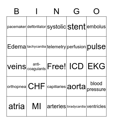 Cardiovascular System Bingo Card