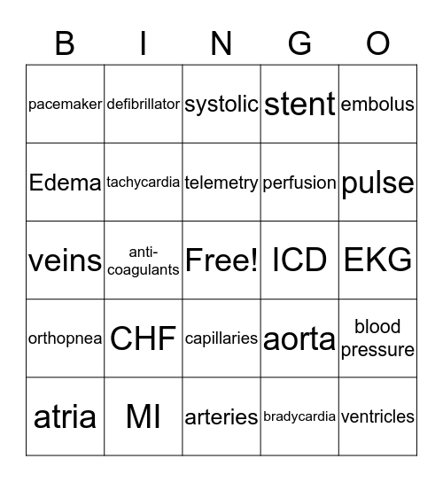 Cardiovascular System Bingo Card