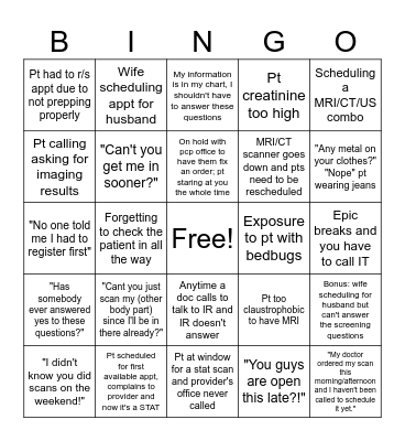 Medical Imaging Reception Bingo Card