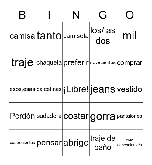 Capítulo 7a Vocabulario Bingo Card