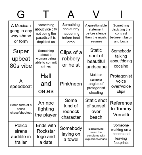 GTA 6 TRAILER Bingo Card