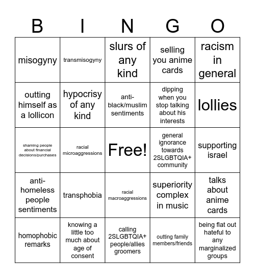 out of pocket (edward's version) Bingo Card