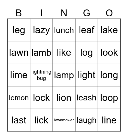 Initial L Bingo Card