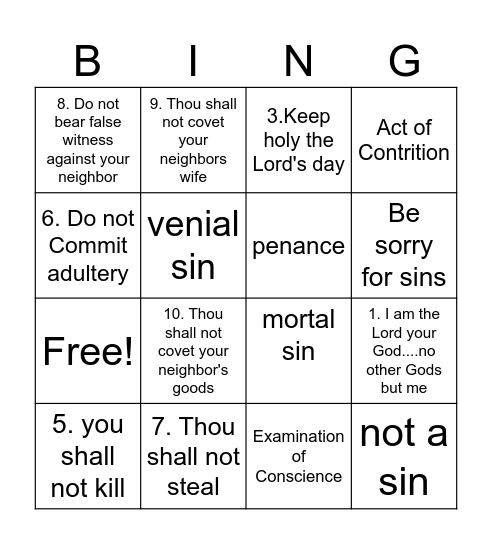 The 10 Commandments Bingo Card