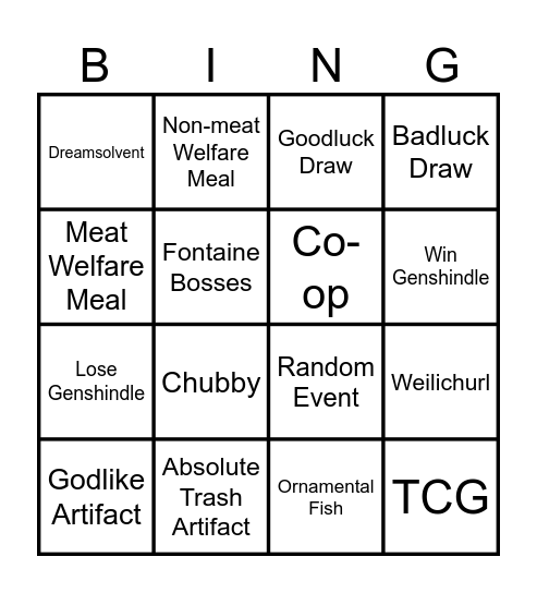 Genshin Random Stuff Bingo Card