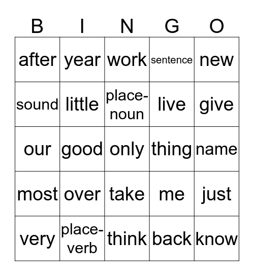 BINGO - COMMON WORDS - 101-125 Bingo Card