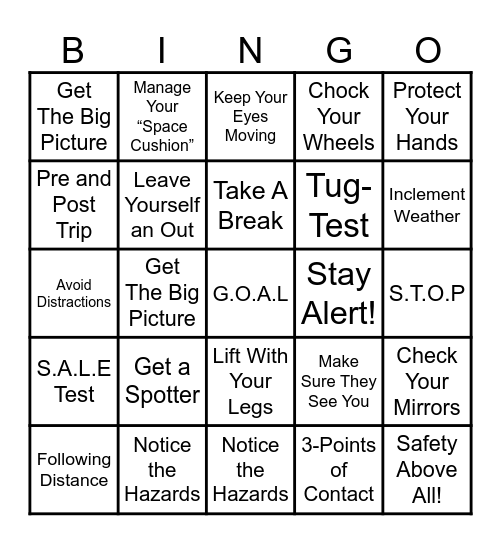 Safety Above All! Bingo Card