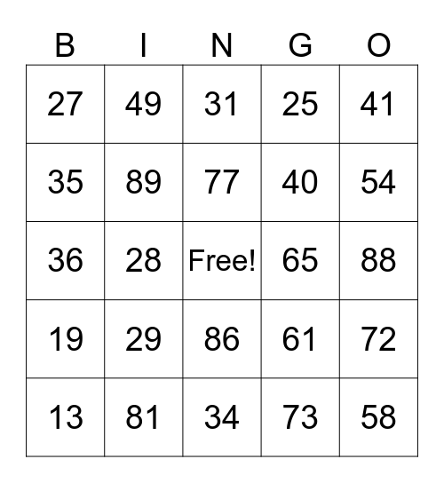 Bingo 1-90 Bingo Card