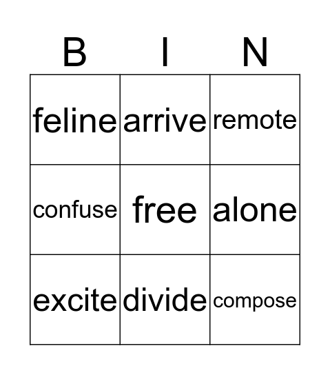 Syllables Bingo Card