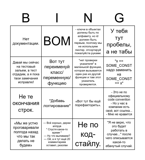 Code Review Bingo Card