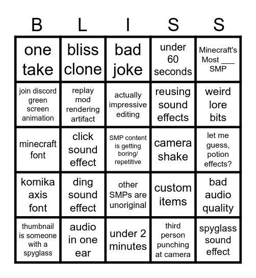 Minecraft SMP Trailer Bingo Card