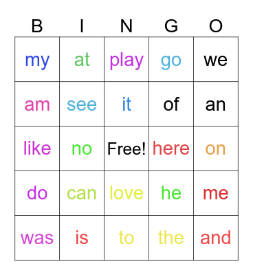 Sight words Bingo Card