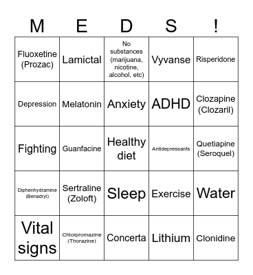 Psych Medication Bingo Card