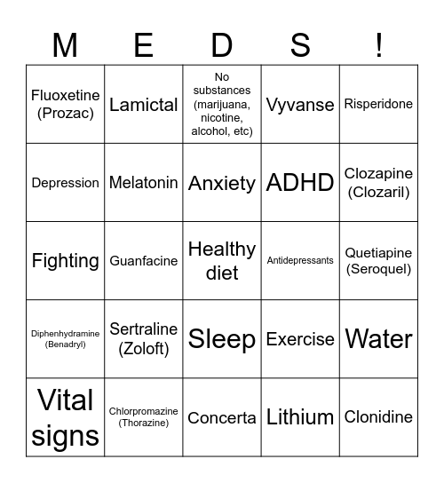 Psych Medication Bingo Card