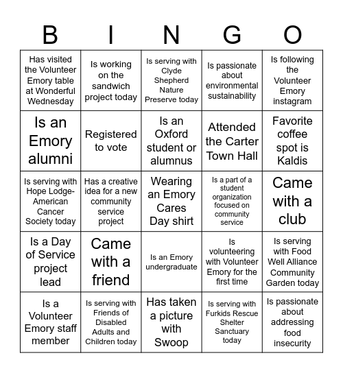 Emory Cares Day Bingo Card