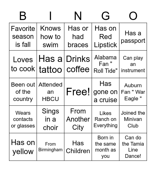 Getting to Know  You Ladies Bingo Card