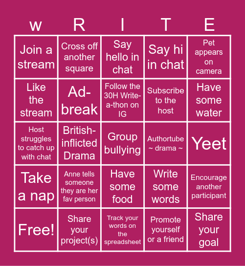 30H WRITE-A-THON Bingo Card