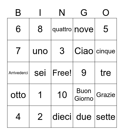 Italian Bingo (Tombola) 1-10 Bingo Card