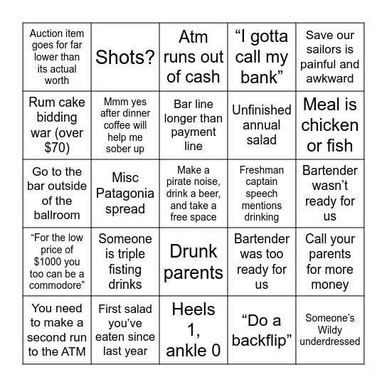 Alumni weekend drinkathon: Bingo Card