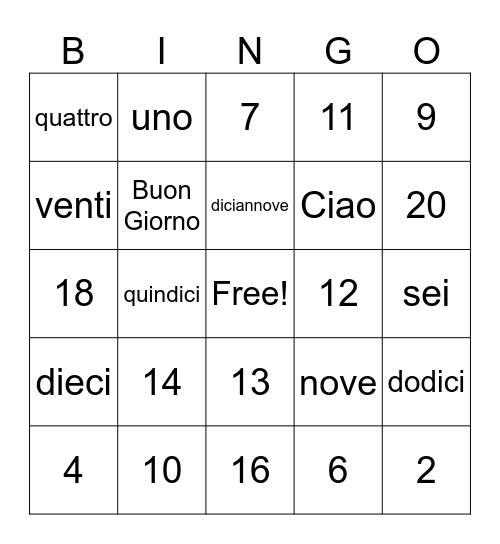 Italian Bingo (Tombola) 1-20 Bingo Card