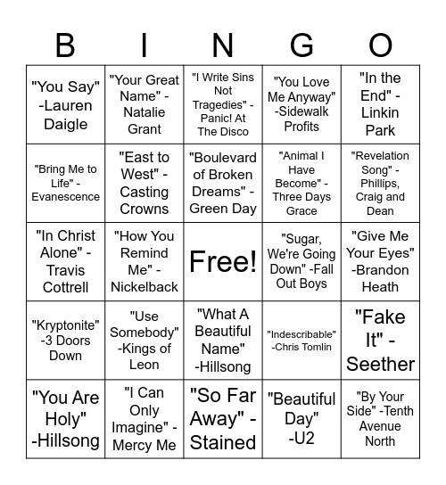 00's Rock & Roll/ Christian Bingo Card