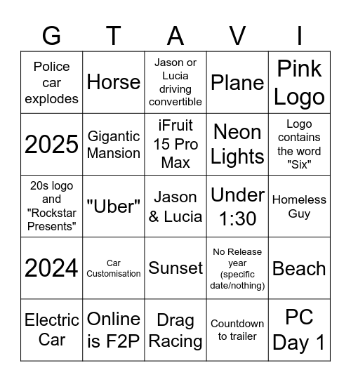 GTA VI Trailer Bingo Card