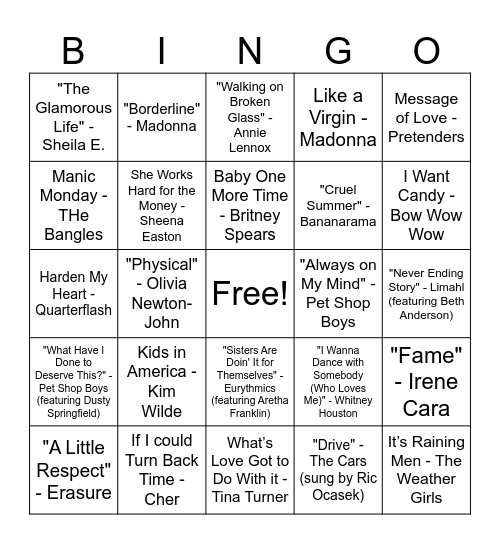 Ladies of the 80s (mostly) Bingo Card