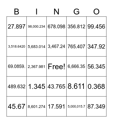 Decimal Place Value Bingo Card