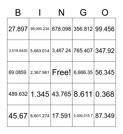 Decimal Place Value Bingo Card
