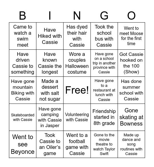 CASSIE 16TH BIRTHDAY BINGO Card