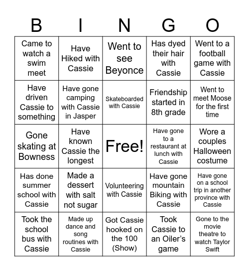 CASSIE 16TH BIRTHDAY BINGO Card