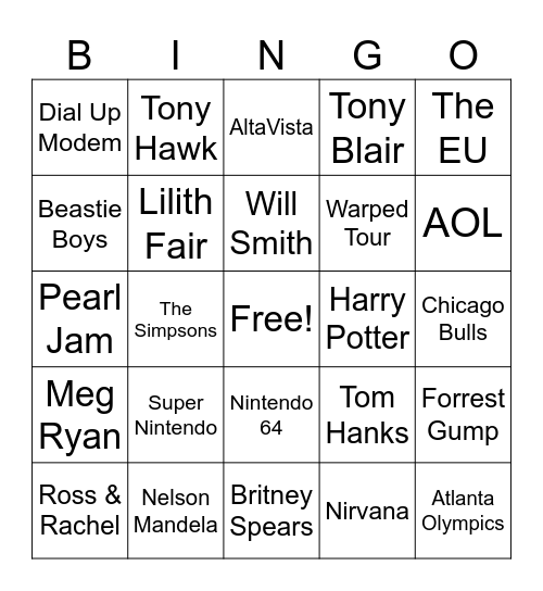 90s Trivia Bingo Card